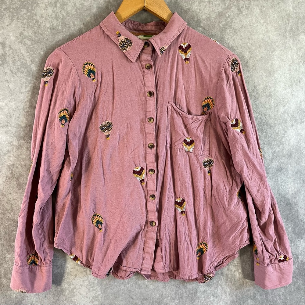 By Anthropologie Button Shirt Women 6P Petite Purple Hot Air Balloon Embroidered